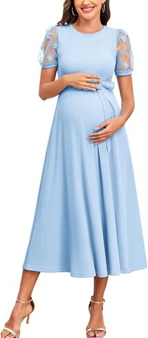 AISWI Elegant 3D Floral Mesh Sleeve Maternity Dress Round Neck Ribbed Knit Midi A-Line Belted Dresses for Baby Shower in Saudi Arabia