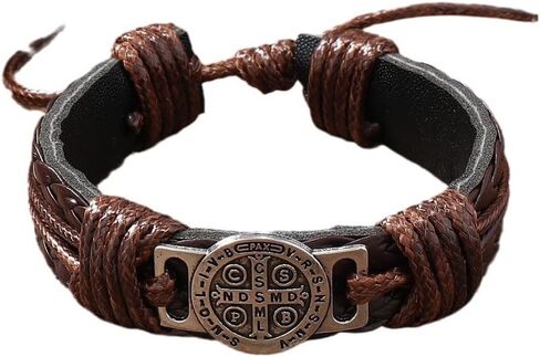 Intercession Saint Benedict Brown Braided Leather Bracelet, Antique Silver Medal, Adjustable Religious Wristband in Saudi Arabia