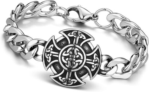 Zysta Stainless Steel Mens Wolf Head Compass Trinity Knot Life Tree Link Chain Bracelet Goth Gothic Biker Wristband Fashion Statement Heavy Viking Jewelry for Men in Saudi Arabia