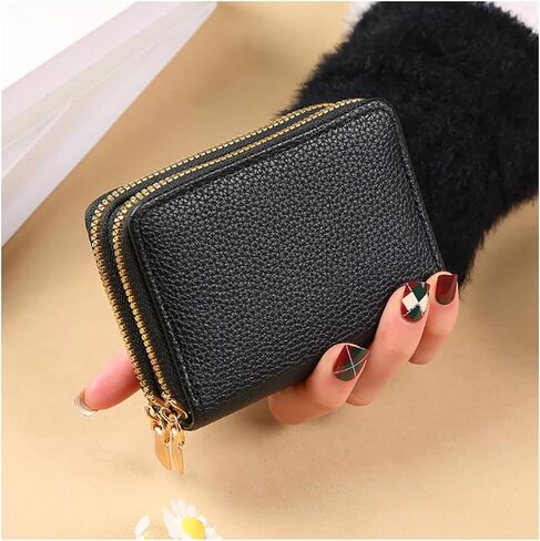 Credit Card Wallet, Double-Zipper Business Card Holder for Women, Coin Purses Compact Size-Black in Saudi Arabia
