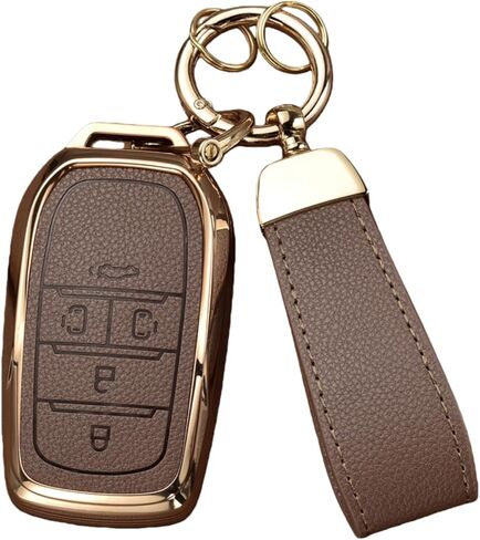 غطاء مفتاح فوب لسيارة تويوتا مع سلسلة مفاتيح، جلد علوي + غطاء غطاء مفتاح ناعم من مادة TPU لسيارة Venza RAV4 Prime Land Cruiser Fortuner Grand Highlander Corolla Cross Hilux (4 أزرار، بني) in Kuwait