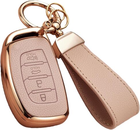 غطاء مفتاح Fob لشركة Hyundai مع سلسلة مفاتيح، جلد علوي + غطاء غطاء مفتاح ناعم من مادة TPU لسيارة Hyundai Elantra GT Ioniq Sonata Tucson 4 أزرار (بني) in Kuwait