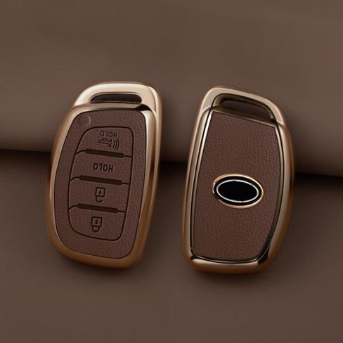 Key Fob Cover for Hyundai with Key Chain, Upper Leather + Soft TPU Key Cover Case Shell for Hyundai Elantra GT Ioniq Sonata Tucson 4 Buttons (BROWN) in Saudi Arabia