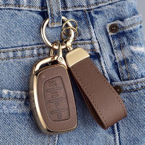 Key Fob Cover for Hyundai with Key Chain, Upper Leather + Soft TPU Key Cover Case Shell for Hyundai Elantra GT Ioniq Sonata Tucson 4 Buttons (BROWN) in Saudi Arabia