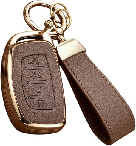 Key Fob Cover for Hyundai with Key Chain, Upper Leather + Soft TPU Key Cover Case Shell for Hyundai Elantra GT Ioniq Sonata Tucson 4 Buttons (BROWN) in Saudi Arabia
