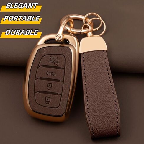 Key Fob Cover for Hyundai with Key Chain, Upper Leather + Soft TPU Key Cover Case Shell for Hyundai Elantra GT Ioniq Sonata Tucson 4 Buttons (BROWN) in Saudi Arabia