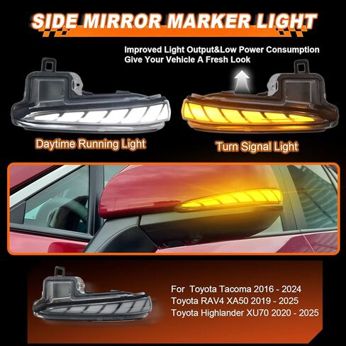 LED Side Mirrors Marker Lamp for Toyota RAV4 2019-2025/2016-2024 Tacoma/2020-2025 Highlander, Side Mirror Lights w/Full White LED DRL | Amber Sequential Dynamic Turn Signal Lights Clear Lens in Kuwait