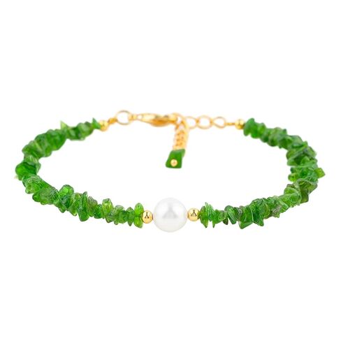 ColouredRocks CHROME DIOPSIDE & NATURAL PEARL BRACELET, Uncut Chips Nuggets, Gemstone Crystals Beads, Trendy Bracelet, Daily Wear Women Jewelry, Gold Plated Brass 8 inch in Saudi Arabia