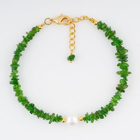 ColouredRocks CHROME DIOPSIDE & NATURAL PEARL BRACELET, Uncut Chips Nuggets, Gemstone Crystals Beads, Trendy Bracelet, Daily Wear Women Jewelry, Gold Plated Brass 8 inch in Saudi Arabia