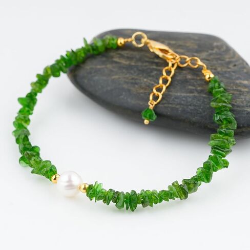 ColouredRocks CHROME DIOPSIDE & NATURAL PEARL BRACELET, Uncut Chips Nuggets, Gemstone Crystals Beads, Trendy Bracelet, Daily Wear Women Jewelry, Gold Plated Brass 8 inch in Saudi Arabia