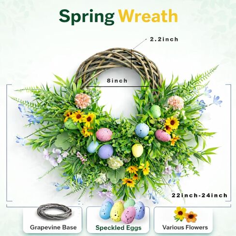 Easter Spring Wreath for Front Door, 24 Inch Handmade Floral with Pastel Eggs, Greenery and Sunflowers, Farmhouse Wall Decoration in Saudi Arabia