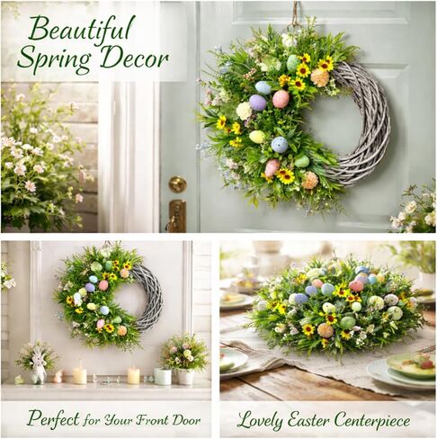 Easter Spring Wreath for Front Door, 24 Inch Handmade Floral with Pastel Eggs, Greenery and Sunflowers, Farmhouse Wall Decoration in Saudi Arabia