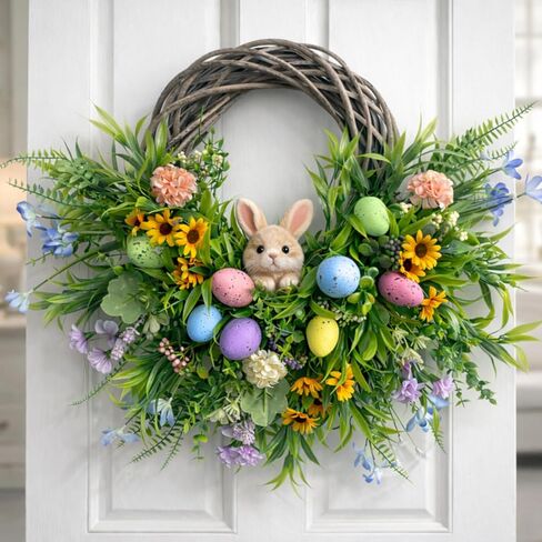 Easter Spring Wreath for Front Door, 24 Inch Handmade Floral with Pastel Eggs, Greenery and Sunflowers, Farmhouse Wall Decoration in Saudi Arabia