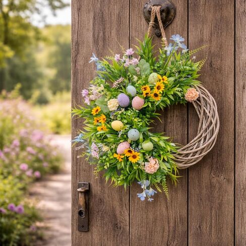 Easter Spring Wreath for Front Door, 24 Inch Handmade Floral with Pastel Eggs, Greenery and Sunflowers, Farmhouse Wall Decoration in Saudi Arabia