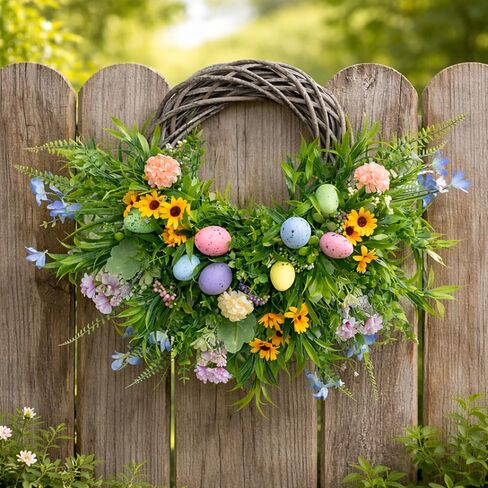 Easter Spring Wreath for Front Door, 24 Inch Handmade Floral with Pastel Eggs, Greenery and Sunflowers, Farmhouse Wall Decoration in Saudi Arabia
