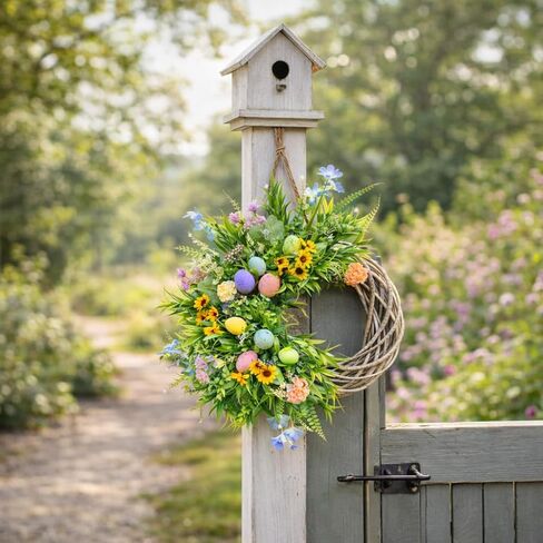 Easter Spring Wreath for Front Door, 24 Inch Handmade Floral with Pastel Eggs, Greenery and Sunflowers, Farmhouse Wall Decoration in Saudi Arabia