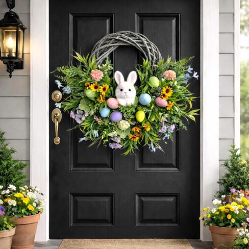 Easter Spring Wreath for Front Door, 24 Inch Handmade Floral with Pastel Eggs, Greenery and Sunflowers, Farmhouse Wall Decoration in Saudi Arabia