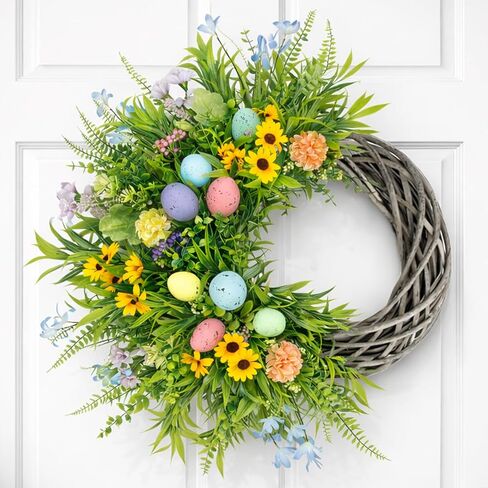 Easter Spring Wreath for Front Door, 24 Inch Handmade Floral with Pastel Eggs, Greenery and Sunflowers, Farmhouse Wall Decoration in Saudi Arabia