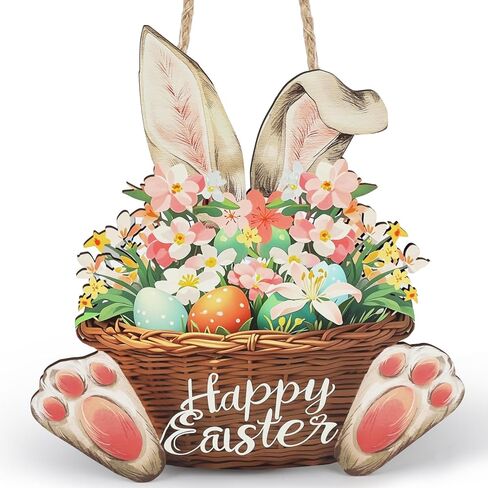 Shintop Easter Door Decoration, Wooden Bunny Wreath with Hanging Rope Rabbit Door Sign Spring Decor Plaque for Home Wall Entryway in Saudi Arabia