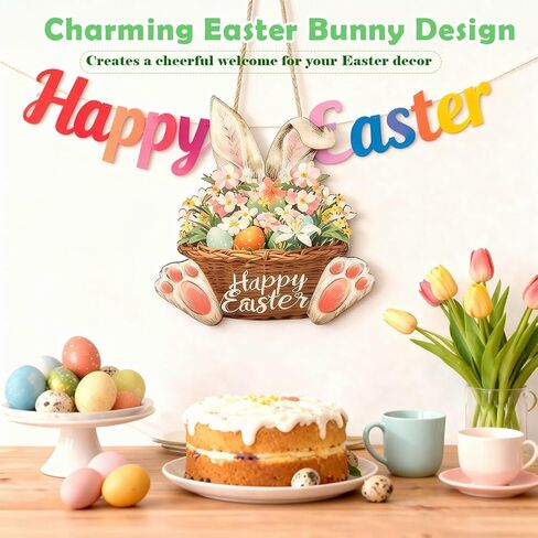 Shintop Easter Door Decoration, Wooden Bunny Wreath with Hanging Rope Rabbit Door Sign Spring Decor Plaque for Home Wall Entryway in Saudi Arabia