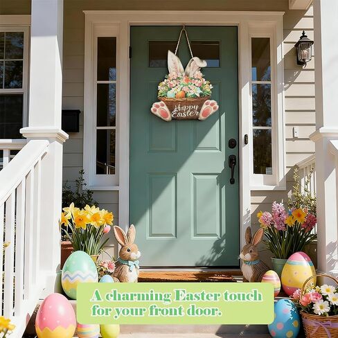 Shintop Easter Door Decoration, Wooden Bunny Wreath with Hanging Rope Rabbit Door Sign Spring Decor Plaque for Home Wall Entryway in Saudi Arabia