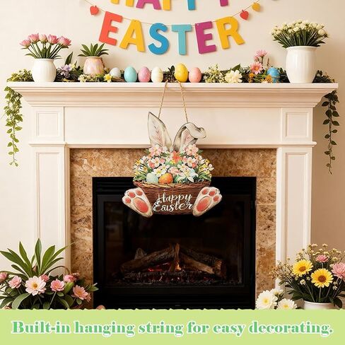 Shintop Easter Door Decoration, Wooden Bunny Wreath with Hanging Rope Rabbit Door Sign Spring Decor Plaque for Home Wall Entryway in Saudi Arabia