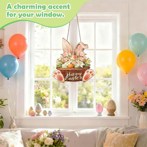 Shintop Easter Door Decoration, Wooden Bunny Wreath with Hanging Rope Rabbit Door Sign Spring Decor Plaque for Home Wall Entryway in Saudi Arabia