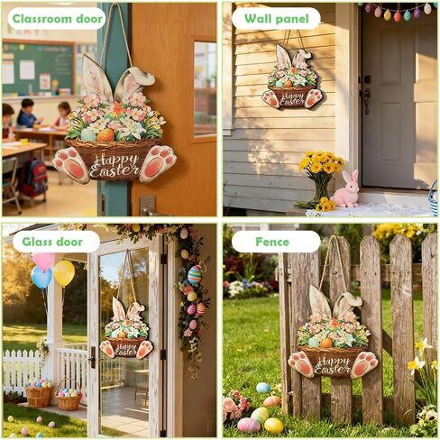 Shintop Easter Door Decoration, Wooden Bunny Wreath with Hanging Rope Rabbit Door Sign Spring Decor Plaque for Home Wall Entryway in Saudi Arabia