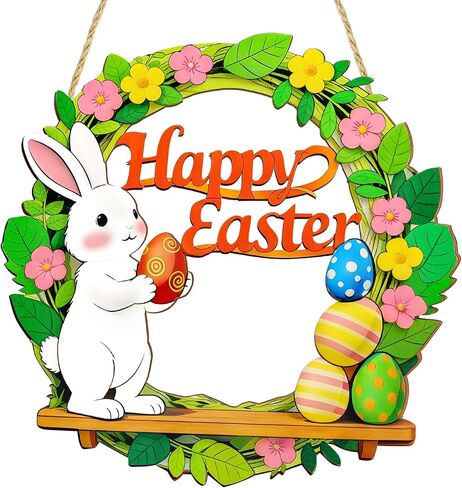 إكليل لافتة باب عيد الفصح - إكليل عيد الفصح الخشبي للباب الأمامي، ديكورات الأرنب والبيض، ديكور عيد الفصح السعيد للتعليق في المنزل في الأماكن المغلقة أو الهواء الطلق، مستلزمات حفلات عيد الفصح الربيعية in Kuwait