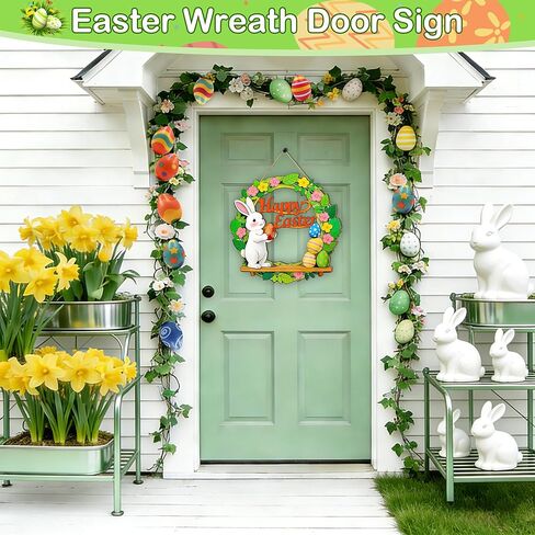 إكليل لافتة باب عيد الفصح - إكليل عيد الفصح الخشبي للباب الأمامي، ديكورات الأرنب والبيض، ديكور عيد الفصح السعيد للتعليق في المنزل في الأماكن المغلقة أو الهواء الطلق، مستلزمات حفلات عيد الفصح الربيعية in Kuwait