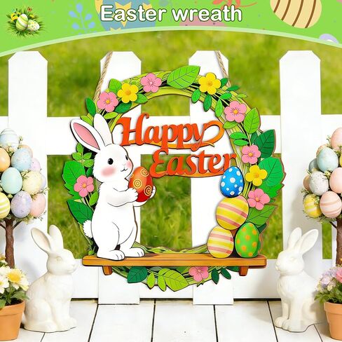 إكليل لافتة باب عيد الفصح - إكليل عيد الفصح الخشبي للباب الأمامي، ديكورات الأرنب والبيض، ديكور عيد الفصح السعيد للتعليق في المنزل في الأماكن المغلقة أو الهواء الطلق، مستلزمات حفلات عيد الفصح الربيعية in Kuwait