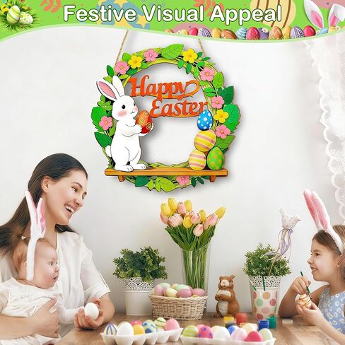 إكليل لافتة باب عيد الفصح - إكليل عيد الفصح الخشبي للباب الأمامي، ديكورات الأرنب والبيض، ديكور عيد الفصح السعيد للتعليق في المنزل في الأماكن المغلقة أو الهواء الطلق، مستلزمات حفلات عيد الفصح الربيعية in Kuwait