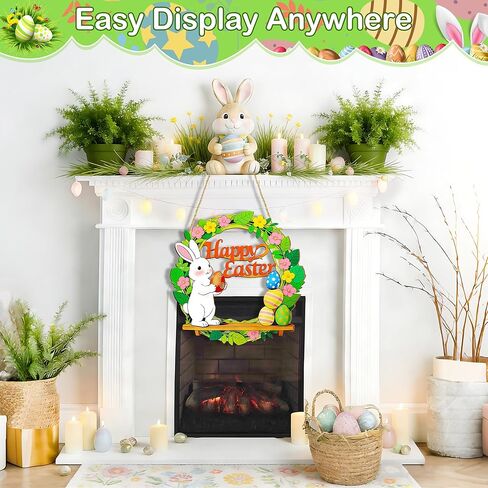 إكليل لافتة باب عيد الفصح - إكليل عيد الفصح الخشبي للباب الأمامي، ديكورات الأرنب والبيض، ديكور عيد الفصح السعيد للتعليق في المنزل في الأماكن المغلقة أو الهواء الطلق، مستلزمات حفلات عيد الفصح الربيعية in Kuwait