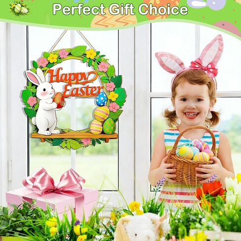 إكليل لافتة باب عيد الفصح - إكليل عيد الفصح الخشبي للباب الأمامي، ديكورات الأرنب والبيض، ديكور عيد الفصح السعيد للتعليق في المنزل في الأماكن المغلقة أو الهواء الطلق، مستلزمات حفلات عيد الفصح الربيعية in Kuwait