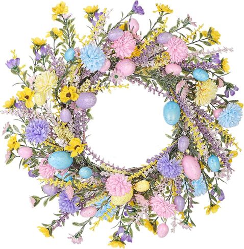Aneco 24 Inch Easter Wreath Spring Artificial Flower with Colorful Eggs Hydrangeas Daisies Eucalyptus Leaves for Easter Spring Home Window Wall Door Decor Holiday Supplies in Saudi Arabia