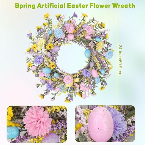 Aneco 24 Inch Easter Wreath Spring Artificial Flower with Colorful Eggs Hydrangeas Daisies Eucalyptus Leaves for Easter Spring Home Window Wall Door Decor Holiday Supplies in Saudi Arabia