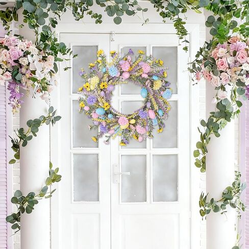 Aneco 24 Inch Easter Wreath Spring Artificial Flower with Colorful Eggs Hydrangeas Daisies Eucalyptus Leaves for Easter Spring Home Window Wall Door Decor Holiday Supplies in Saudi Arabia