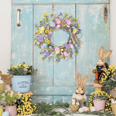 Aneco 24 Inch Easter Wreath Spring Artificial Flower with Colorful Eggs Hydrangeas Daisies Eucalyptus Leaves for Easter Spring Home Window Wall Door Decor Holiday Supplies in Saudi Arabia