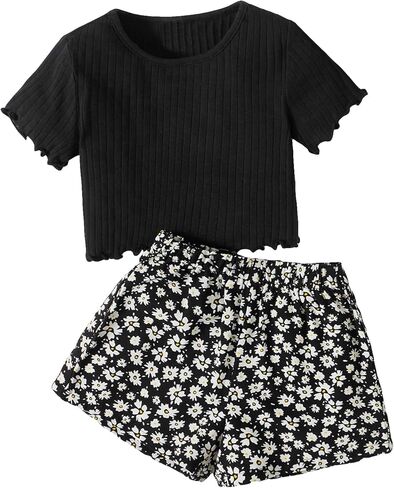 WDIRARA Girl's 2 Piece Outfits Lettuce Trim Short Sleeve Rib Knit Tee and Floral Print Shorts Set in Saudi Arabia