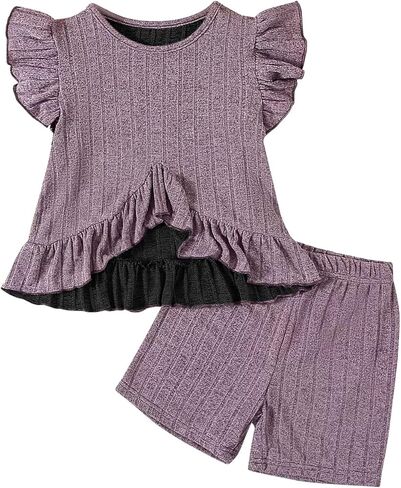 ملابس صيفية للبنات، أكمام مكشكشة، بلوزات وشورتات مضلعة، قطعتان من الملابس مقاس 4-8 in Kuwait