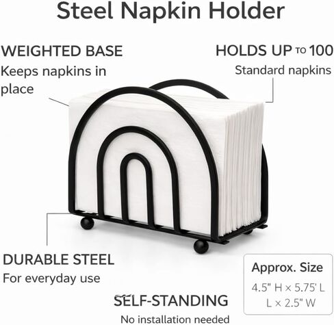 Deluxe Steel Napkin Holder Weighted Self Standing - Black Matte Finish - Decorative & Functional for Kitchen, Dining Room, Countertops - Holds Up to 100 Napkins - Durable, Stylish in Kuwait