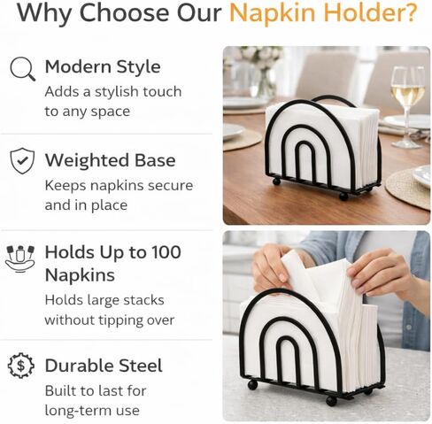 Deluxe Steel Napkin Holder Weighted Self Standing - Black Matte Finish - Decorative & Functional for Kitchen, Dining Room, Countertops - Holds Up to 100 Napkins - Durable, Stylish in Kuwait