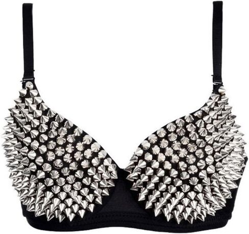 Punk Dancing Performance Gold Metallic Rivets Studded Strappy Bra Women Sexy Bras (S, Silver) in Saudi Arabia
