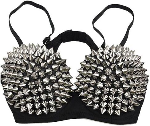 Punk Dancing Performance Gold Metallic Rivets Studded Strappy Bra Women Sexy Bras (S, Silver) in Saudi Arabia
