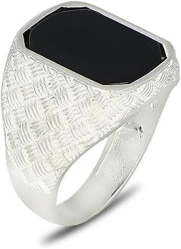 خاتم رجالي من حجر العقيق الصلب المطلي بالفضة – خاتم الخاتم من حجر العقيق المستطيل | جوانب بنمط الحياكة، مجوهرات عصرية للرجال من الفولاذ المقاوم للصدأ المتين in Kuwait
