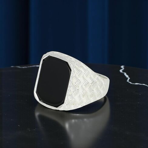 خاتم رجالي من حجر العقيق الصلب المطلي بالفضة – خاتم الخاتم من حجر العقيق المستطيل | جوانب بنمط الحياكة، مجوهرات عصرية للرجال من الفولاذ المقاوم للصدأ المتين in Kuwait