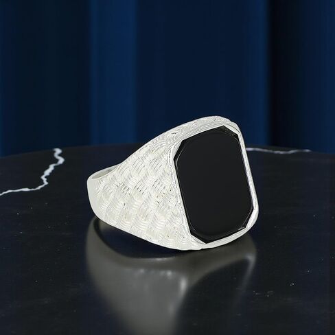 خاتم رجالي من حجر العقيق الصلب المطلي بالفضة – خاتم الخاتم من حجر العقيق المستطيل | جوانب بنمط الحياكة، مجوهرات عصرية للرجال من الفولاذ المقاوم للصدأ المتين in Kuwait