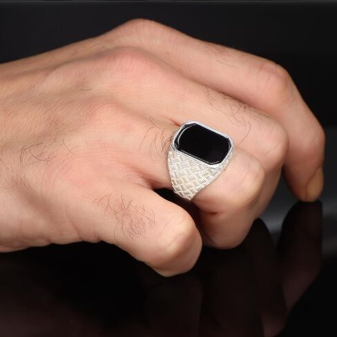 خاتم رجالي من حجر العقيق الصلب المطلي بالفضة – خاتم الخاتم من حجر العقيق المستطيل | جوانب بنمط الحياكة، مجوهرات عصرية للرجال من الفولاذ المقاوم للصدأ المتين in Kuwait