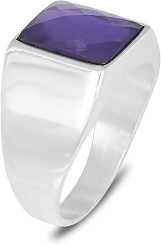 Men’s Silver Plated Steel Amethyst Ring – Faceted Amethyst Stone Minimal Signet Ring | Polished Smooth Band | Modern Stainless Steel Men’s Ring Fashion Jewelry in Kuwait