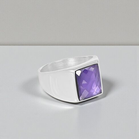 Men’s Silver Plated Steel Amethyst Ring – Faceted Amethyst Stone Minimal Signet Ring | Polished Smooth Band | Modern Stainless Steel Men’s Ring Fashion Jewelry in Kuwait